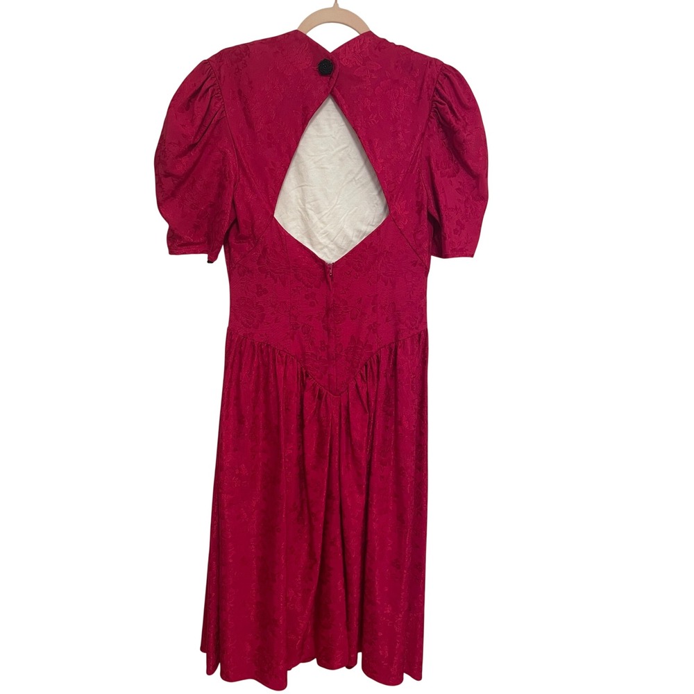 Vintage Magenta Pink Floral Jacquard Dress Size Medium Basque Waist Early 90s